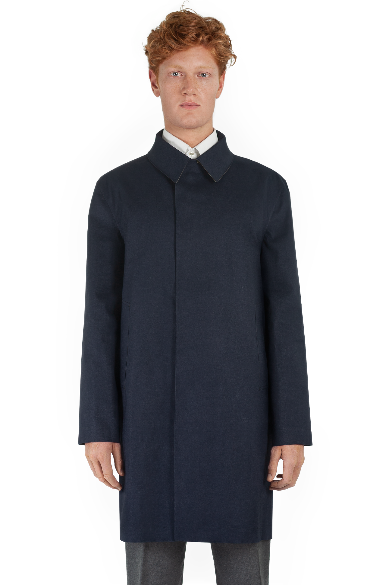 Male ginger model wearing navy coloured contemporary Faeroes mackintosh cropped front body shot