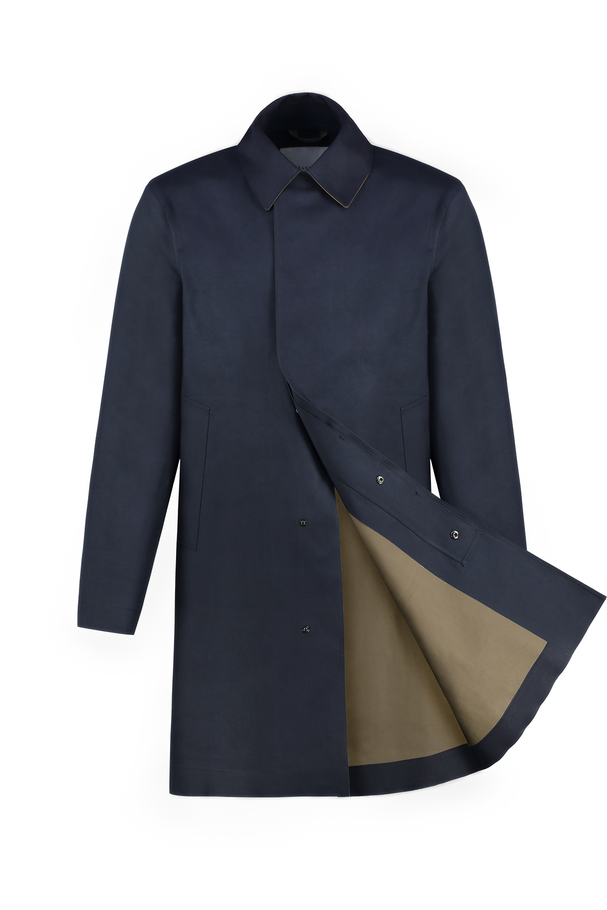 Invisible mannequin shot of navy coloured contemporary Faeroes mackintosh with kelp coloured interior showing
